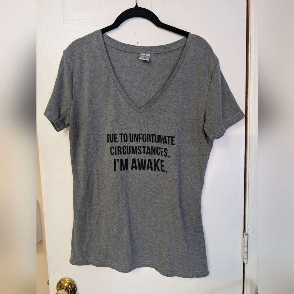 Gray V-Neck Graphic T-Shirt Funny Due To Unfortunate Circumstances Fitted Large
